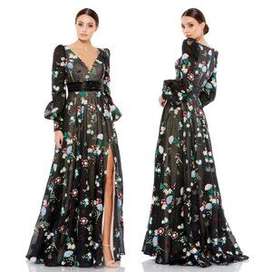 MAC DUGGAL | EMBROIDERED BISHOP SLEEVE V NECK FLOWY GOWN  #79361